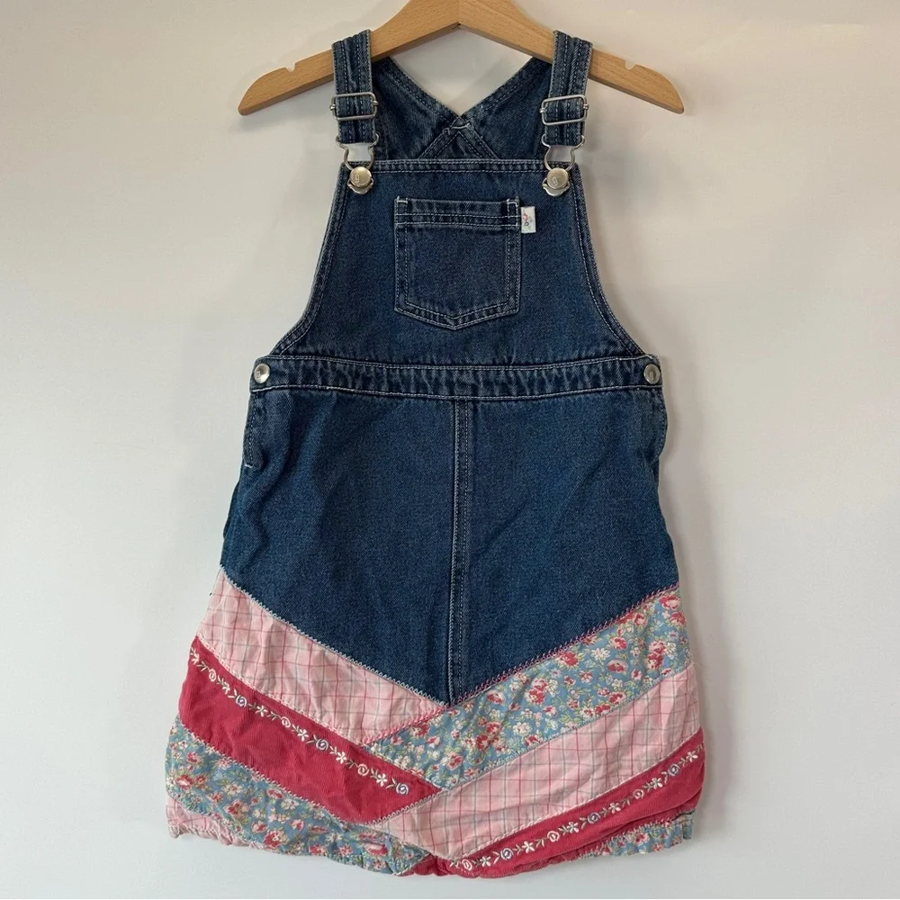 VTG Gymboree‎ Overall Dress Skirtall Denim Mix Fabrics Quilted Floral Girls XL 6